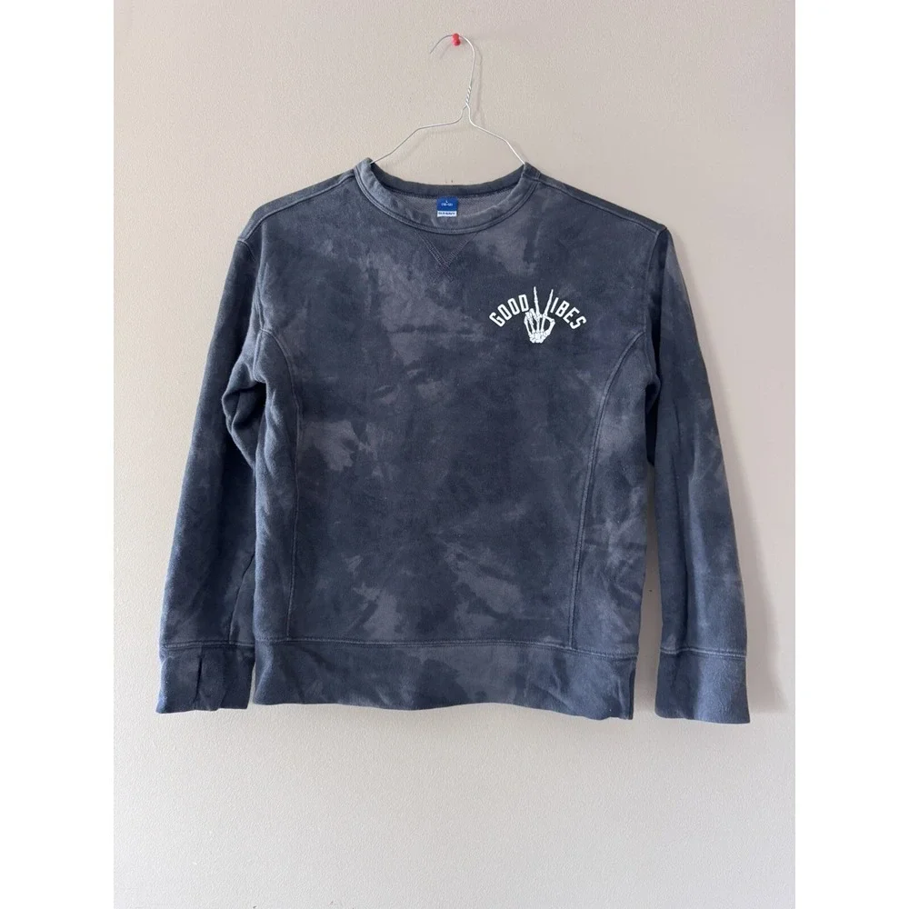 Old Navy Sweater Boys Size L 8/10 Gray Tie Dye Good Vibes Skeleton Peace EUC